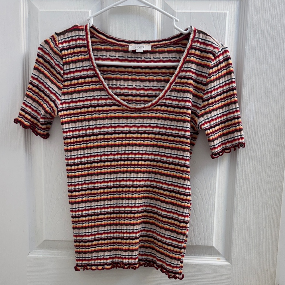 LOFT Striped Ribbed Scoop Neck Tee in Cream, Burgundy & Mustard